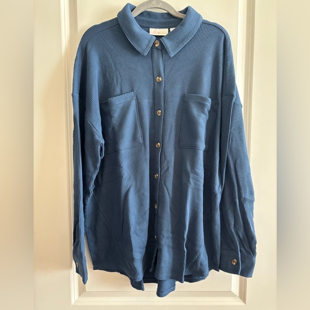 Belle Kim Gravel Blue Waffle Knit Button Front Shirt Jacket Large Shacket NEW